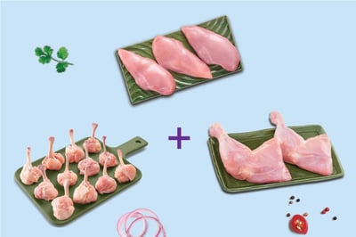 Triple Combo: (480g Boneless Chicken Breast Fillet + 230g Chicken Lollipop with partial skin + Chicken Thigh / Whole Leg Pack of 2 Pcs)